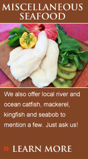 We also offer local river and ocean catfish, mackerel, kingfish and seabob to mention a few. Just ask us! 